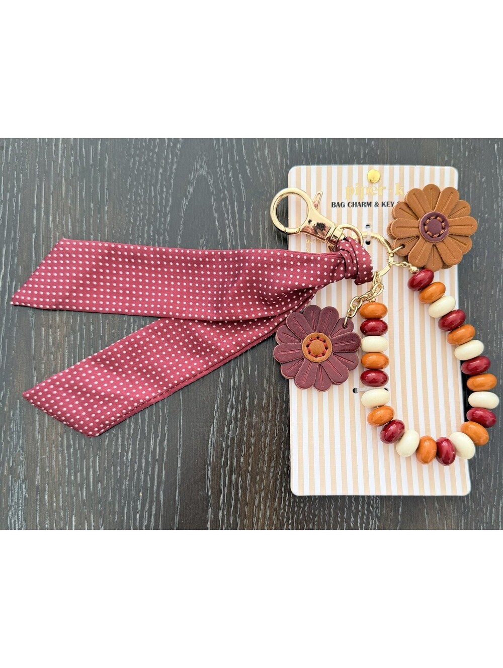 NWT Piper K Leather Flower Wood Bead Bag Charm